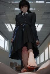 1boy 1boy1girl 1girls ai_generated black_hair black_toenails feet feet_on_penis foot_fetish foot_focus footjob soles stepped_on stepping_on_penis yoru_(chainsaw_man)