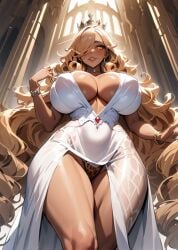 ai_generated big_breasts bimbo bimbo_body bimbo_lips blonde_hair breasts breasts_bigger_than_head cleavage curvy curvy_body curvy_female curvy_figure curvy_hips domination from_above gyaru huge_breasts leopard_print looking_at_viewer massive_breasts mature_female mommy nipple_bulge original original_character panties princess queen queen_josephine_(starlightnex) size_difference slim_waist smile starlightnex taller_girl tan_body thick_ass thick_hips thick_legs thick_lips thick_thighs very_long_hair wet_body wide_hips yellow_eyes