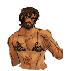 abs arcane big_breasts big_muscles big_pecs brown_eyes brown_hair cheetah_print cheetah_print_bra fat_tits jayce_talis male male_focus male_only muscles scar scars scars_all_over shy shy_expression small_bra