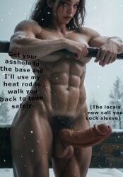 abs ai_assisted ai_generated brown_hair erect_penis erection futa_only futanari hdregrets large_penis long_hair looking_at_viewer muscular muscular_futanari nude pubic_hair scar snow snowing steam steamy_penis talking_to_viewer text