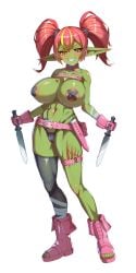 areola_slip belt boots dagger dual_wielding female full_body gloves goblin goblin_female green_skin grin hatch24601 large_breasts multicolored_hair original panties pasties sharp_teeth shortstack single_thighhigh smile solo tattoos thighhighs twintails white_background