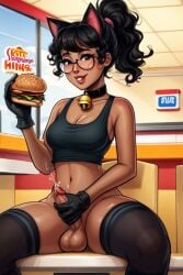 ai_generated black_hair catgirl crop_top dark-skinned_futanari dark_hair dark_skin food futanari glasses gloved_handjob gloves handjob masturbation ponytail public public_nudity tagme thighhighsrn