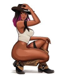 1girls artist_name_removed breasts breasts_out brown_eyes brown_hair calamity_(fortnite) cowboy_hat dark-skinned_female dark_skin edit fortnite fortnite:_battle_royale no_bra no_pants nude nude_female nudifydraws one_eye_closed one_knee_up poorly_edited