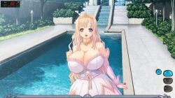 1girls bare_shoulders big_breasts blonde_hair blonde_hair_female breasts cleavage clothed_female female female_only game_cg gigantic_breasts huge_breasts hyper_breasts kyonyuu_fantasy long_blonde_hair luceria_von_diamante massive_breasts necklace open_eyes open_mouth pool princess purple_eyes smile stairs tiara tree waffle