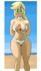 1girls applejack_(eg) applejack_(mlp) arms_behind_back beach big_breasts bikini blonde_hair breasts clothing curvaceous curvy curvy_figure cute dashed_(artist) equestria_girls female female_only friendship_is_magic green_eyes hasbro huge_breasts humanized long_hair looking_at_viewer my_little_pony solo solo_female tagme thick_thighs voluptuous voluptuous_female