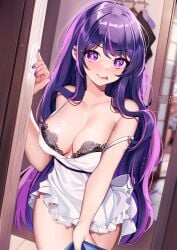 :q apron bangs bare_shoulders blue_nails blush breasts cleavage collarbone cowboy_shot dress eyebrows_visible_through_hair female hair_ribbon heart-shaped_pupils hoshino_ai indoors large_breasts long_hair looking_at_viewer nail_polish oshi_no_ko purple_eyes purple_hair purple_nails ribbon short_dress solo squchan strap_slip thighs tongue tongue_out underwear very_long_hair white_apron