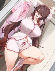 1girls ai_generated big_breasts blush breasts brown_hair female genshin_impact hi_res hu_tao_(genshin_impact) light-skinned_male light_skin long_hair lucyla pijama sports_shorts thick_thighs twin_braids