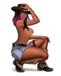 1girls artist_name_removed breasts breasts_out brown_eyes brown_hair calamity_(fortnite) cowboy_hat dark-skinned_female dark_skin edit fortnite fortnite:_battle_royale no_bra no_shirt nude nude_female nudifydraws one_eye_closed one_knee_up poorly_edited