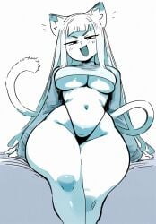 >:d :d blunt_bangs cat_ears cat_tail catgirl cute_fang female gigantic_thighs huge_thighs large_breasts long_hair loupiote smile smug thick_thighs thong underboob v-shaped_eyebrows wide_hips