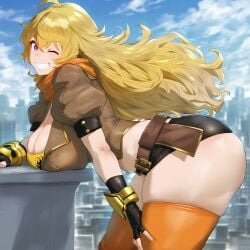 1girls ai_generated belt big_ass big_breasts bike_shorts blonde_hair cleavage curvaceous female female_only huge_ass large_breasts leaning_on_object light-skinned_female light_skin long_hair m4k03_ posing purple_eyes rooster_teeth rwby seductive seductive_pose short_shorts thick thick_thighs voluptuous voluptuous_female wide_hips yang_xiao_long