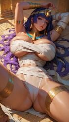 2d ai_generated bandages big_breasts cameltoe egyptian spread_legs