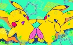 abstract_background balls blue_eyes brown_eyes duo feral fur generation_1_pokemon genitals hi_res male male/male male_feral mincheeto nintendo one_eye_closed penis penises_touching pikachu pokemon pokemon_(species) star tapering_penis yellow_body yellow_fur