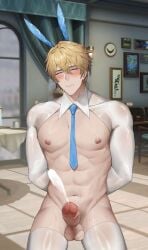 1boy abs asaifrit big_balls blonde_hair blue_eyes blush boner bunny_ears bunnysuit cock cum cumming gepard_(honkai:_star_rail) honkai:_star_rail male male_focus male_only muscular muscular_male orgasm orgasm_face penis