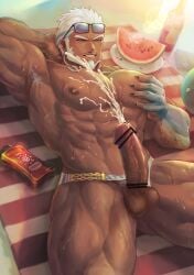 1boy aegir_(tokyo_afterschool_summoners) anchor armpit_hair armpits arms_behind_head arms_up balls bara beach beach_towel beard beefy biceps big_areola big_balls big_breasts big_penis blue_hair blue_scales blush bottle censor_bar censored censored_penis chains clawed_fingers claws closed_eyes cum cum_explosion cum_on_body cum_on_penis cum_on_self cum_on_upper_body cumshot daddy dark_skin dilf earrings ejaculation erection frown grin hand_on_breast hands-free hi_res huge_cock hunk inviting long_penis lying lying_on_back male male_breasts male_only manly mature_male multicolored_hair muscles muscular muscular_arms muscular_legs muscular_male muscular_thighs mustache_stubble open_legs oppai orgasm outdoor_nudity outdoors pubic_hair quadriceps scaled_forearms scales seductive semen short_hair sideburns six_pack solo sunglasses sunglasses_on_head sunlight sunscreen sweat sweatdrop sweating sweaty swimsuit syu_003 thick_arms thick_cum thick_eyebrows thick_penis thick_thighs thong tokyo_afterschool_summoners topless tough_guy underwear_only v-shaped_eyebrows veiny_penis watermelon wet wet_body white_hair