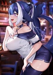 :d ahoge animal_ears bangs bar bare_shoulders black_hair black_legwear blue_hair blurry blurry_background blush body_markings bookshelf bra breasts choker depth_of_field desk eyebrows_visible_through_hair face_markings female hair_between_eyes hair_ornament hair_scrunchie hand_on_own_chest heart heart_ahoge indoors large_breasts long_hair markings miniskirt multicolored_hair oerba_yun_fang off_shoulder open_mouth ponytail purple_eyes school_uniform shirt short_sleeves shylily side_slit skirt smile solo squchan symbol-shaped_pupils thighhighs