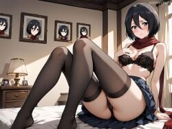 1girls ai_generated anilvl arm_support ass attack_on_titan bangs bare_arms bare_shoulders bed bedroom black_bra black_eyes black_hair black_panties black_thighhighs blue_skirt blush bra breasts cameltoe cleavage curtains drawing_(object) feet hair_between_eyes hand_on_own_chest indoors knees_up lamp legs lingerie looking_at_viewer medium_breasts mikasa_ackerman miniskirt no_shirt no_shoes on_bed panties pantyshot parted_lips photo_(object) picture_(object) picture_frame pleated_skirt red_scarf scarf short_hair sitting skirt solo thighhighs thighs underwear upskirt window