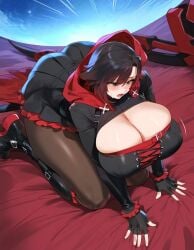 1girls ai_generated bed female huge_ass light-skinned_female light_skin lucyla on_bed ruby_rose rwby skirt surprised thick_ass thick_thighs