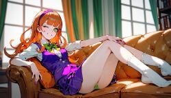 ai_generated button_down_shirt daphne_blake green_bowtie green_panties green_scarf kneehighs kneesocks looking_at_viewer mahamoan orange_hair panties purple_skirt purple_vest red_hair scooby-doo socks style_imitation white_background white_button_down_shirt winking winking_at_viewer