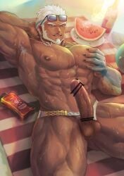 1boy aegir_(tokyo_afterschool_summoners) anchor armpit_hair armpits arms_behind_head arms_up balls bara beach beach_towel beard beefy biceps big_areola big_balls big_breasts big_penis blue_eyes blue_hair blue_scales blush bottle censor_bar censored censored_penis chains clawed_fingers claws daddy dark_skin dilf earrings erection frown hand_on_breast hi_res huge_cock hunk inviting long_penis looking_at_viewer lying lying_on_back male male_breasts male_only manly mature_male multicolored_hair muscles muscular muscular_arms muscular_legs muscular_male muscular_thighs mustache_stubble open_legs open_mouth oppai outdoor_nudity outdoors pubic_hair quadriceps scaled_forearms scales seductive short_hair sideburns six_pack solo sunglasses sunglasses_on_head sunlight sunscreen sweat sweatdrop sweating sweaty swimsuit syu_003 thick_arms thick_eyebrows thick_penis thick_thighs thong tokyo_afterschool_summoners topless tough_guy underwear_only v-shaped_eyebrows veiny_penis watermelon wet wet_body white_hair