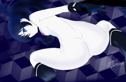 2014 ass black_rock_shooter black_rock_shooter_(character) blue_eyes breasts female geworin looking_back nipples nude pale_skin