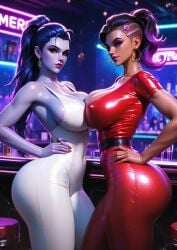 2girls ai_generated big_ass huge_breasts nightclub overwatch overwatch_2 seductive seductive_pose sombra tight_clothing widowmaker