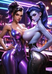 2girls ai_generated big_ass huge_breasts overwatch overwatch_2 seductive seductive_pose slutty_outfit sombra tight_clothing widowmaker