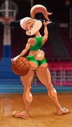 anthro ass athletic athletic_anthro athletic_female ball barefoot basketball basketball_(ball) basketball_court basketball_uniform blonde_hair bodily_fluids bottomwear buckteeth clothed clothing digital_media_(artwork) eyshadow feet female fingers fur hair hi_res holding_ball holding_object lagomorph leporid lola_bunny looking_at_viewer looking_back looney_tunes makeup mammal rabbit sharkdark smile solo sportswear standing sweat sweatdrop tail teeth toes topwear uniform warner_brothers