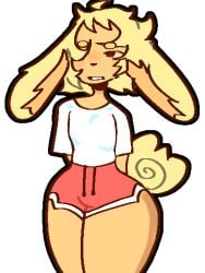 blonde_hair brown_outline bunny_boy femboy hidden_penis red_shorts tanned_skin thick thick_ass thick_thighs white_shirt