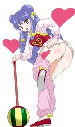 anus ass blush breasts censored chinese_clothes female female_only flats full_body heart human innie_pussy legs long_hair looking_at_viewer no_panties nyarimia open_mouth purple_hair pussy pussy_juice ranma_1/2 red_eyes shampoo_(ranma_1/2) shoes simple_background smile solo standing sweat thighs white_background