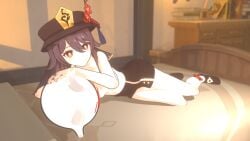 3d bed bedroom black_nails boo_tao_(genshin_impact) brown_hair full_body genshin_impact ghost hat hu_tao_(genshin_impact) lying_on_bed nude petite red_eyes rings sansonnsfw shorts small_breasts thighs twintails