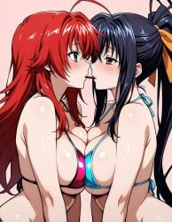 2girls ahoge ai_generated akeno_himejima antenna_hair black_hair blue_green_eyes blush bra breasts_pressed_together couple crimson_hair curvy female_only hair_ribbon high_school_dxd large_breasts lesbian light_skin looking_at_each_other orange_ribbon pocky ponytail rias_gremory symmetrical_docking very_long_hair violet_eyes voluptuous yuri