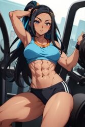 1girls abs ai_generated bare_arms bare_legs bare_shoulders bare_thighs big_breasts black_hair blue_eyes blush clothed clothing color dark-skinned_female dark_skin female female_focus female_only fit_female game_freak gigiti gym_leader hi_res large_breasts long_hair looking_at_viewer muscles muscular muscular_female nessa_(pokemon) nintendo pokemon pokemon_ss pokemon_trainer solo solo_female tagme thick_thighs