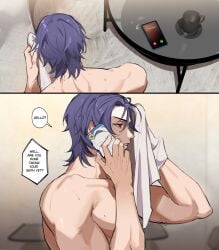 2boys abs aventurine_(honkai:_star_rail) blush blush comic comic_panel dr._ratio_(honkai:_star_rail) english_text fapping gay honkai:_star_rail jerking muscular muscular_male nipple_piercing pants_down penis_piercing phone phone_call phone_sex shirt_lift towel yaoi yukaero4