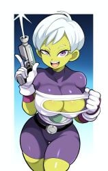 ai_generated alien alien_girl cheelai dragon_ball dragon_ball_super green_body green_skin gun large_breasts mullon novelai white_hair