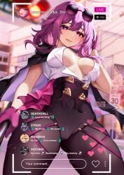 bangs black_legwear blurry blurry_background blush breasts city contrapposto cover depth_of_field eyebrows_visible_through_hair eyewear_on_head female gloves heart jacket jacket_on_shoulders kafka_(honkai:_star_rail) leotard looking_at_viewer pantyhose pink_eyes purple_eyes purple_hair smile solo squchan sunglasses