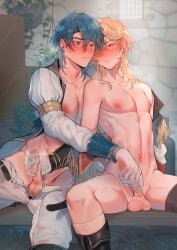 2boys abs absurdres bare_pectorals belt black_belt black_footwear blonde_hair blue_hair blue_pubic_hair blush boots byefrog closed_mouth coat coat_on_shoulders collarbone commentary eldigan_(fire_emblem) english_commentary erection fire_emblem fire_emblem:_genealogy_of_the_holy_war foreskin full-face_blush gloves groin hair_between_eyes handjob highres long_hair long_sleeves looking_at_another looking_at_penis male_focus male_pubic_hair motion_lines multiple_boys mutual_masturbation navel nervous_sweating nipples open_belt open_clothes open_pants open_shirt outdoors pants parted_lips pectorals penis plant pubic_hair sigurd_(fire_emblem) sitting sleeve_cuffs spread_legs sweat sweatdrop tassel testicles wavy_mouth white_gloves white_pants yaoi