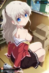 1girls ai_generated bangs blue_eyes breasts_out charlotte_(anime) female female_only grey_hair juanpiamvs large_breasts patreon patreon_username school school_uniform schoolgirl shiny_skin solo subscribestar subscribestar_username sweat teasing tomori_nao watermark white_hair