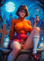 ai_generated breasts erect_nipples_under_clothes glasses magnifying_glass miniskirt no_panties pubic_hair pussy pussy_lips scooby-doo socks sweater velma_dinkley