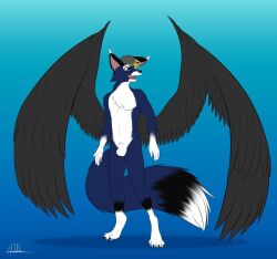 animal_genitalia anthro balls black_body black_feathers black_fur blonde_hair blue_body blue_eyes blue_fur canid canine canis facial_hair feathered_wings feathers fox fully_sheathed fur genitals giru_(artist) goatee grey_hair hair happy hybrid looking_sideways male mammal nude open_mouth sheath solo standing unknown_character white_body white_fur wings wolf yellow_beard