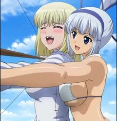 2girls arm arms arrow bare_shoulders bikini bikini_top blonde_hair blue_eyes blue_sky blush bow_(weapon) bra breast_press breasts closed_eyes cloud crossover curvy emilie_de_rochefort female from_behind hairband happy large_breasts laugh laughing looking_at_another majikina_mina multiple_girls namco naughty_face open_mouth queen's_gate samurai_shodown shiny shiny_skin short_hair sideboob silver_hair sky smile snk teeth tekken tongue underwear yuri