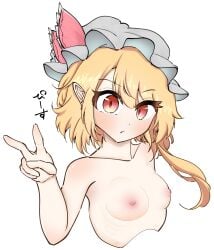 1girls blonde_hair blush breasts female flandre_scarlet fujiyama_vc hat headwear looking_at_viewer nude_female peace_sign pointy_ears ponytail red_eyes side_ponytail small_breasts solo touhou upper_body vampire white_background