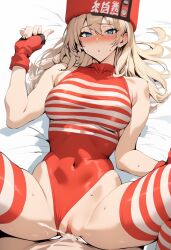 1boy 1girls ai_generated ashiomi_masato_style blonde_hair blue_eyes clothing_aside cum cum_in_pussy cum_inside guilty_gear guilty_gear_strive impregnation leotard leotard_aside light-skinned_female light-skinned_male light_skin looking_at_viewer mayihavesomeslops millia_rage missionary_position pov straight striped striped_legwear tenga tenga_outfit thighhighs vaginal_penetration