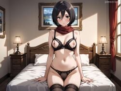 1girls ai_generated anilvl arm_support arms_at_sides attack_on_titan bangs bare_arms bare_shoulders bed bed_sheet bedroom black_bra black_eyes black_hair black_panties black_thighhighs blush bra breasts cameltoe cupless_bra curtains desk_lamp drawing_(object) female_pubic_hair grey_eyes groin hair_between_eyes indoors lace lace-trimmed_bra lace-trimmed_panties lace_trim lamp lingerie looking_at_viewer medium_breasts mikasa_ackerman navel nipple_cutout nipple_piercing nipples on_bed painting_(object) panties parted_lips picture_(object) picture_frame pillow pubic_hair red_scarf scarf short_hair sitting skindentation solo stomach string_panties thighhighs thighs underwear underwear_only window