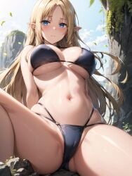 1girls ai_generated alpha_(the_eminence_in_shadow) big_breasts bikini blonde_hair blue_eyes curvaceous curvy_body curvy_figure elf female female_only kage_no_jitsuryokusha_ni_naritakute! long_hair seductive_look solo stable_diffusion the_eminence_in_shadow voluptuous voluptuous_female