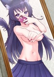 1girls 2023 areola belly big_breasts blush breasts cellphone covering_nipples covering_privates curvy curvy_body curvy_female female female_focus female_only female_pov full-length_mirror hand_up highres hispanic_virtual_youtuber holding_phone large_breasts latam_virtual_youtuber light-skinned_female light_skin long_hair looking_at_mirror mai_noboshi mirror mirror_selfie naked naked_female navel nude one_finger_selfie_challenge phone pink_nipples pov pov_hands purple_eyes purple_hair reflection reflection_focus selfie sexy skirt smartphone smile smiling solo solo_female solo_focus standing taking_picture thighs vtuber vtuberfanart