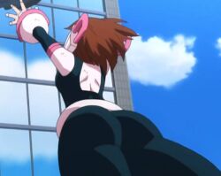 1girls ass big_breasts bodysuit boku_no_hero_academia brown_hair fat_ass my_hero_academia ochako_uraraka ochako_uraraka_(hero_outfit) official_art screencap screenshot thick_thighs