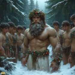 ai_generated bad_boys beard coniferous_forest good_boys male_only muscles snow winter_berries winter_solstice young_santa_claus