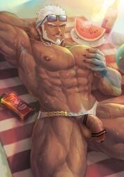 1boy aegir_(tokyo_afterschool_summoners) anchor armpit_hair armpits arms_behind_head arms_up balls bara beach beach_towel beard beefy biceps big_areola big_balls big_breasts big_penis blue_eyes blue_hair blue_scales bottle censor_bar censored censored_penis chains clawed_fingers claws daddy dark_skin dilf earrings flaccid foreskin_folds frown grin hand_on_breast hi_res hunk inviting looking_at_viewer lying lying_on_back male male_breasts male_only manly mature_male multicolored_hair muscles muscular muscular_arms muscular_legs muscular_male muscular_thighs mustache_stubble one-eyed open_legs oppai outdoor_nudity outdoors pubic_hair quadriceps scaled_forearms scales seductive short_hair sideburns six_pack solo sunlight sunscreen sweat sweatdrop sweating sweaty swimsuit syu_003 thick_arms thick_eyebrows thick_penis thick_thighs thong tokyo_afterschool_summoners topless tough_guy underwear_aside underwear_only v-shaped_eyebrows watermelon wet wet_body white_hair