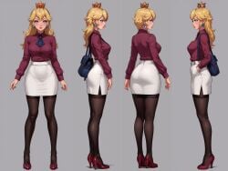 ai_generated blonde_hair blouse character_sheet from_behind front_view full_body high_heels mario_(series) office_clothing office_lady pantyhose pencil_skirt princess princess_peach royalty side_view skirt stable_diffusion standing