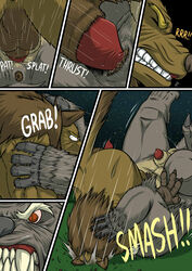 2014 anthro balls canine chubby comic dialog english_text erection fangs fur furry furry_only gay male mammal muscles penis raus text were werewolf wolf